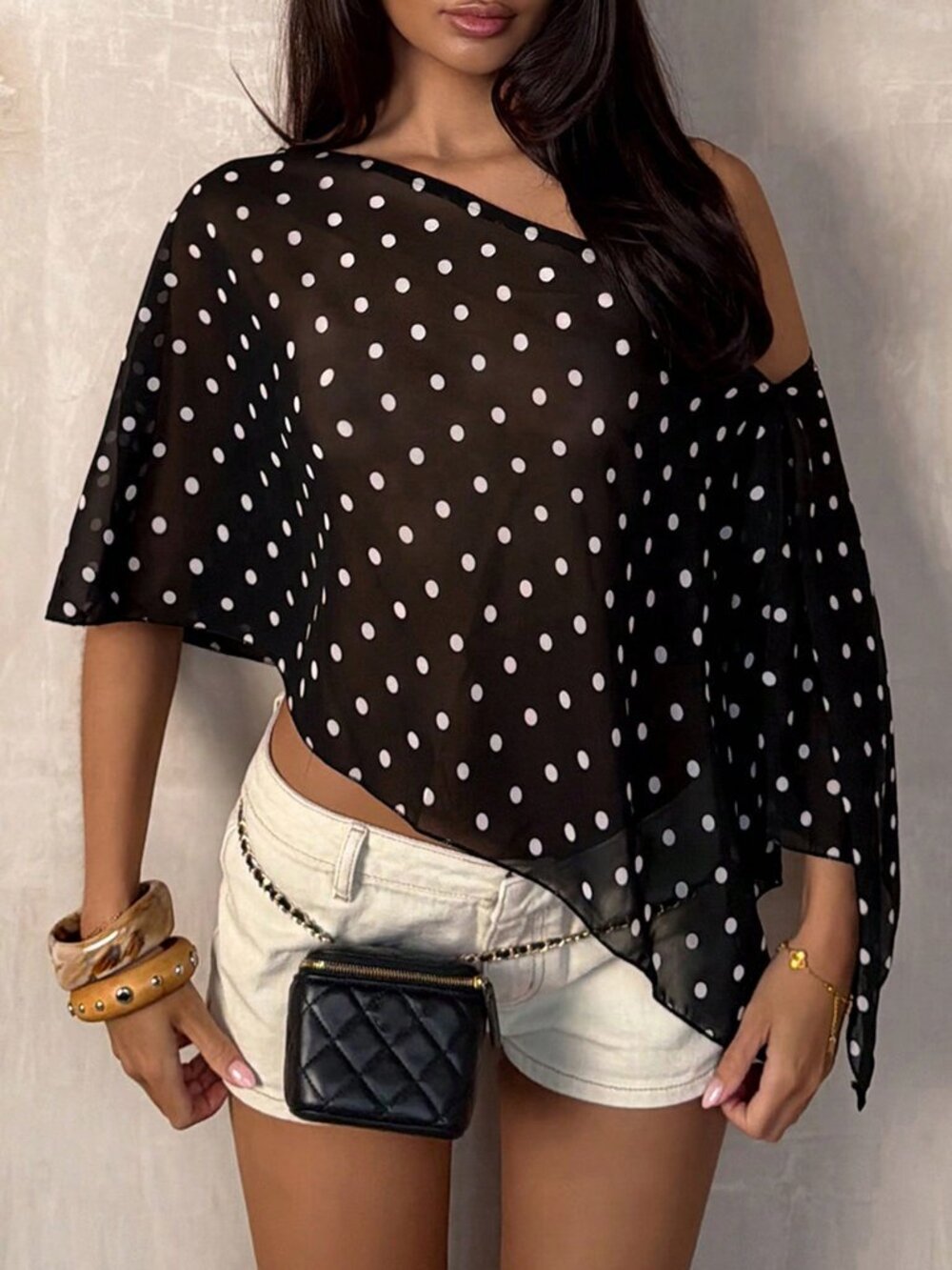 Black Polka Dot Asymmetric Shoulder Mesh Short Sleeve Women's Blouse